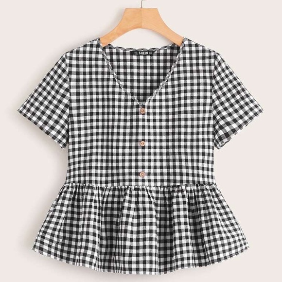 SHEIN Tops - SHEIN Button Front Plaid Smocked Top in size 6 medium